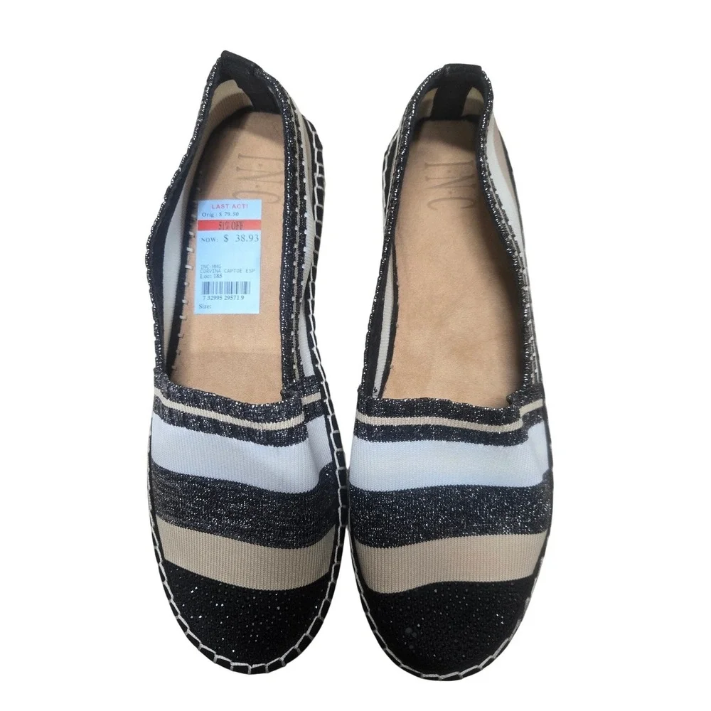 INC International Concepts Corvina Striped Sequin Espadrille Flats Black Tan 8.5